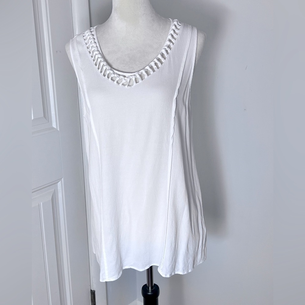 SOFT SURROUNDINGS SIZE XL WHITE TUNIC TOP KNOTTED ACCENT V-NECK LAGENLOOK BOHO